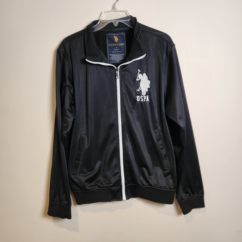 US Polo Assn Track Jacket Mens Medium M Black Full Zip Embroidered Logo USPA